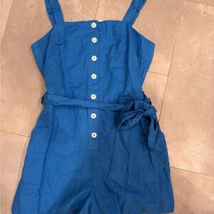 Blue Button-Front Linen Romper with Waist Tie